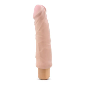 9-inch natural-colored vibrating dildo with textured surface and rounded tip