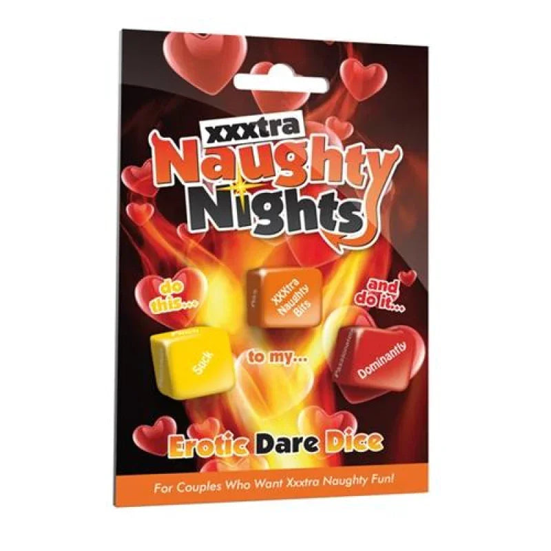 Xxxtra Naughty Nights erotic dare dice game for couples with hearts and flames on packaging