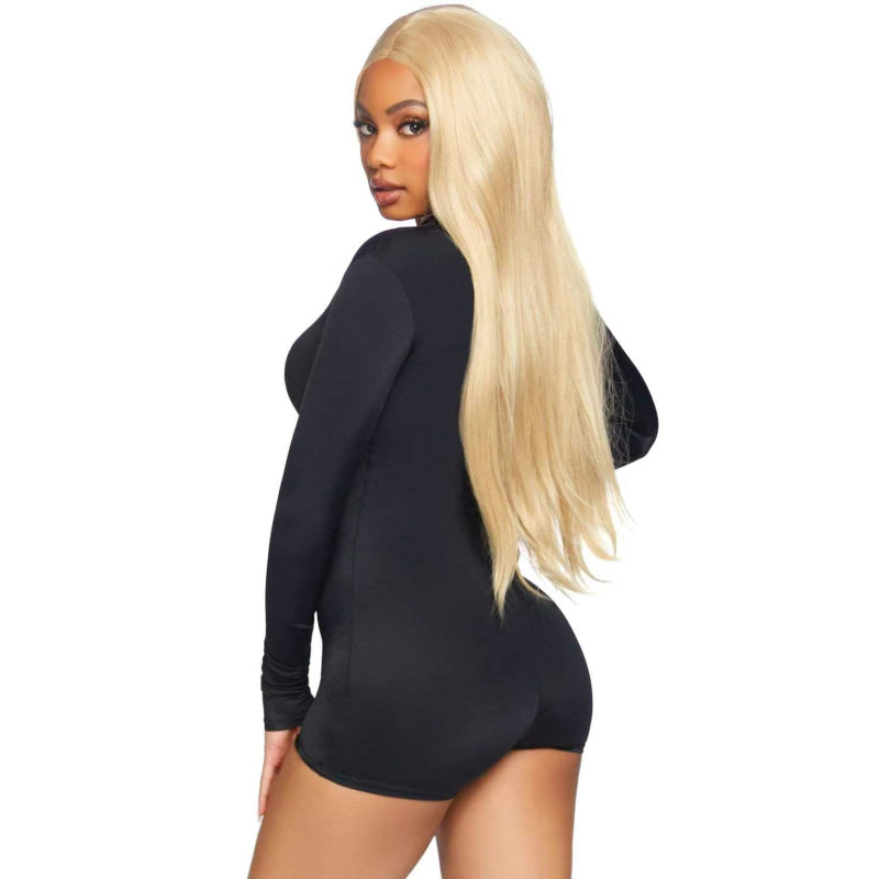 Zipper Front Long Sleeved Matte Romper - Large -  Black