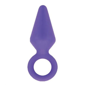Purple silicone anal plug with tapered tip and circular handle on white background