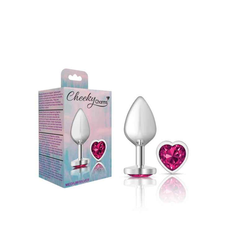 Cheeky Charms - Silver Metal Butt Plug - Heart - Bright Pink - Medium - Anal Toys & Stimulators