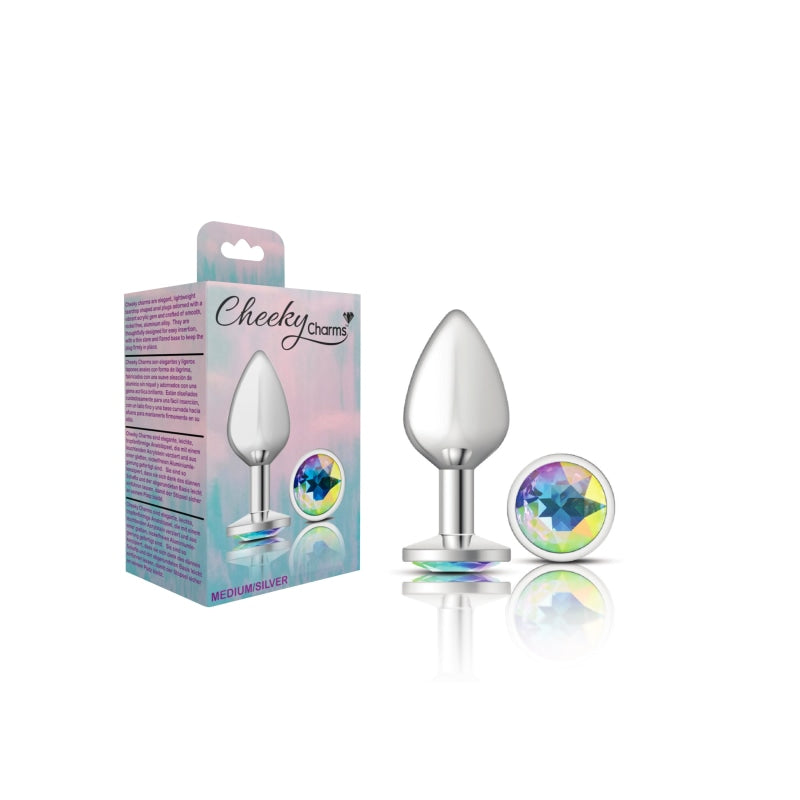 Cheeky Charms - Silver Metal Butt Plug - Round - Clear - Medium - Anal Toys & Stimulators