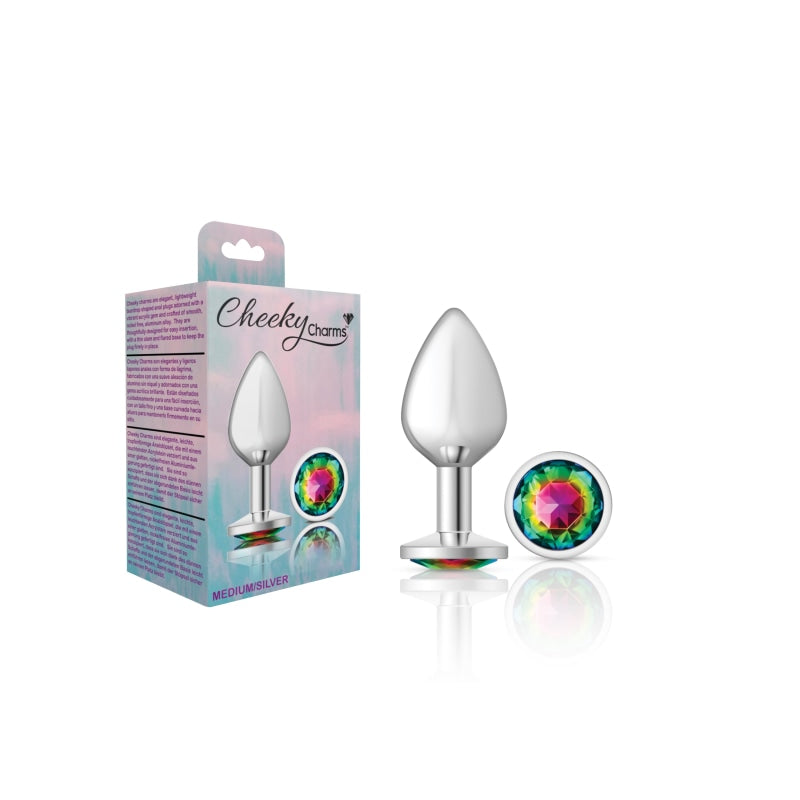 Cheeky Charms - Silver Metal Butt Plug - Round - Rainbow - Medium - Anal Toys & Stimulators