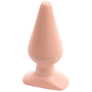 Large smooth peach-colored classic butt plug sex toy on white background