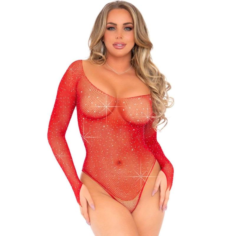 Crystalized Long Sleeve Fishnet Thong Back Bodysuit - One Size - Red LA-89231RD