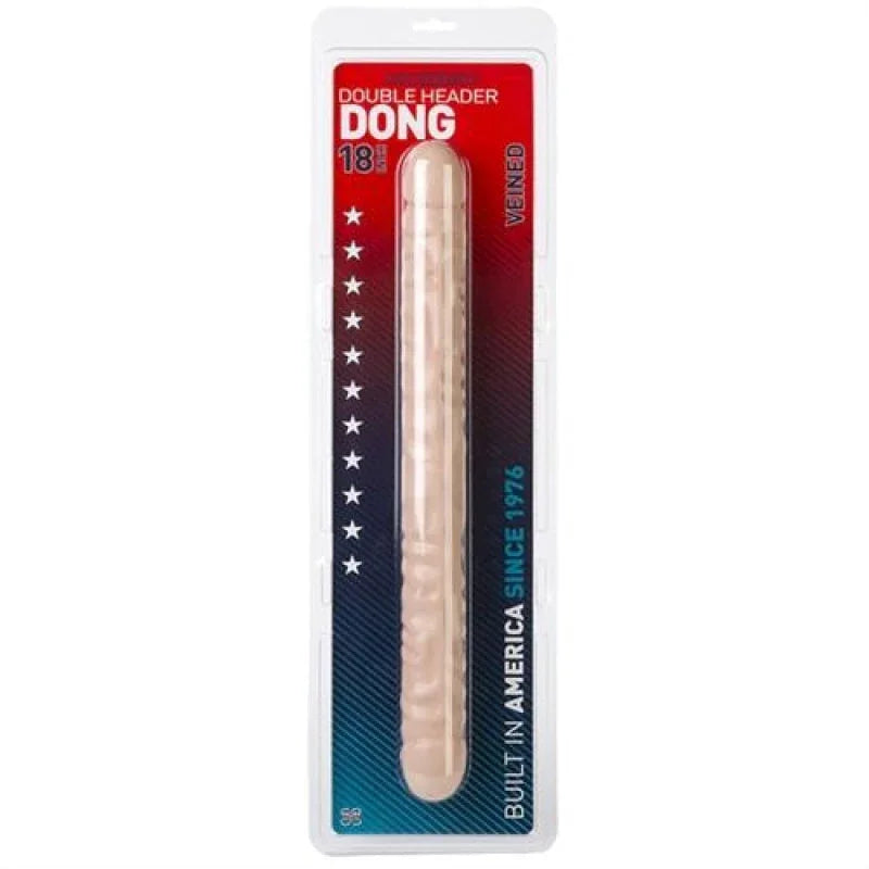 Double Header 18-inch veined double-ended dong in clear blister packaging with red, black, and blue background