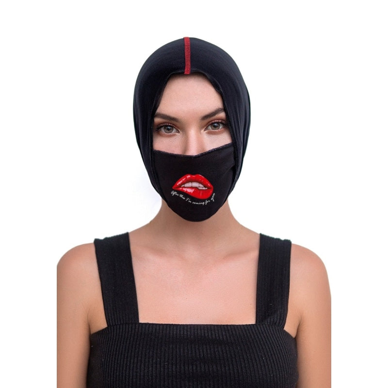 Face/ Neck Bandana Reversable Mask- Black/ Red Lips Print - One Size - Masks