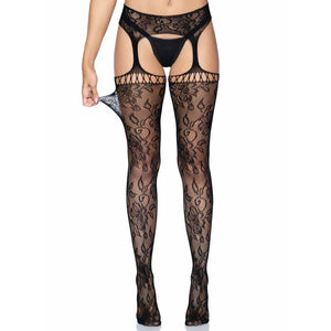 Gardenia Lace Garter Belt Stockings - One Size - One Size - Black