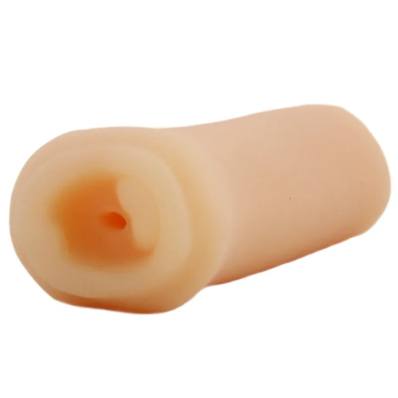 Jasmin Hot Mouth male masturbator sleeve in beige silicone material against white background