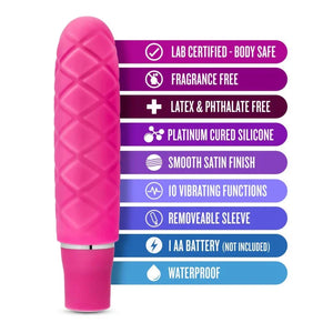 Pink textured mini vibrator with 10 vibrating functions and waterproof, body-safe silicone features