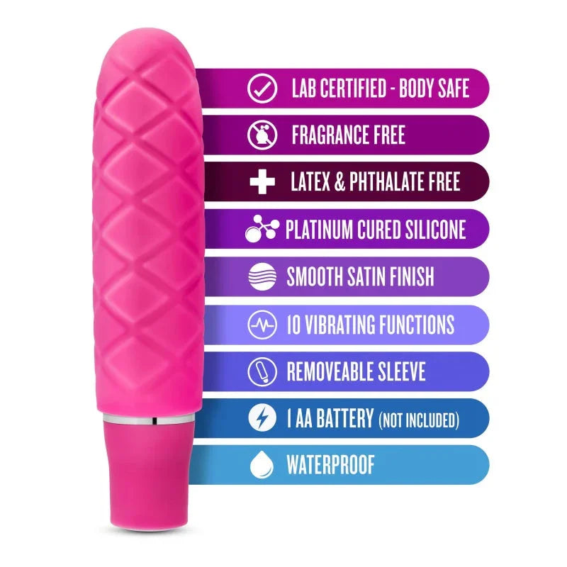 Pink textured mini vibrator with 10 vibrating functions and waterproof, body-safe silicone features