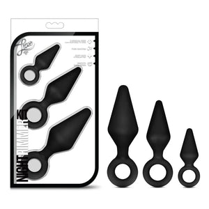 Luxe Night Rimmer Kit with three black silicone anal plugs in small, medium, and large sizes