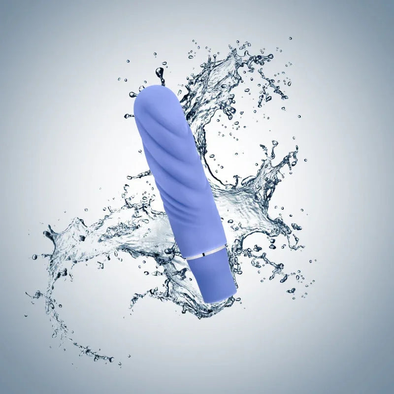 Blue mini vibrator with spiral texture splashing through water, waterproof adult toy