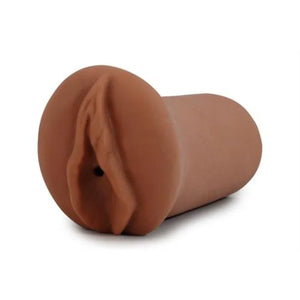 Brown silicone male masturbation aid shaped like female genitalia on white background
