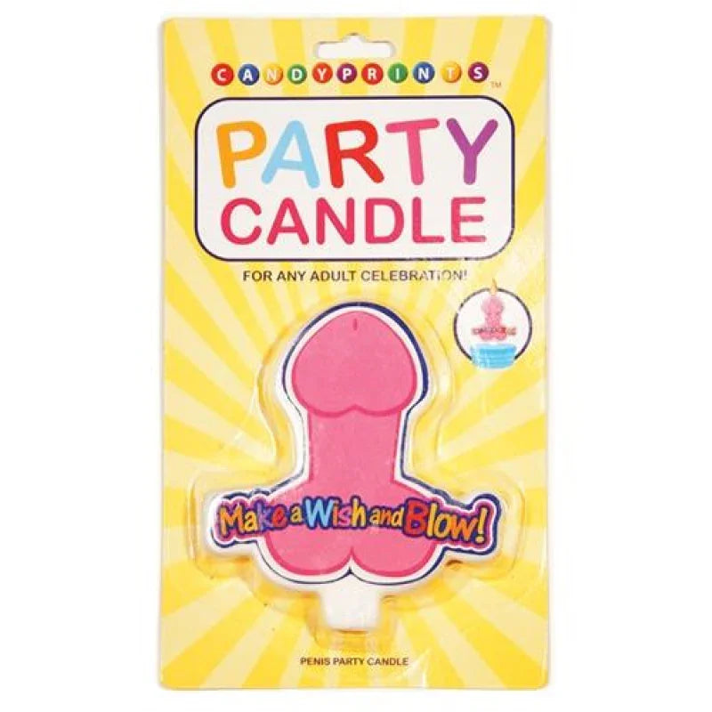 Pink novelty penis-shaped party candle in yellow packaging for adult celebrations with text Make a Wish and Blow