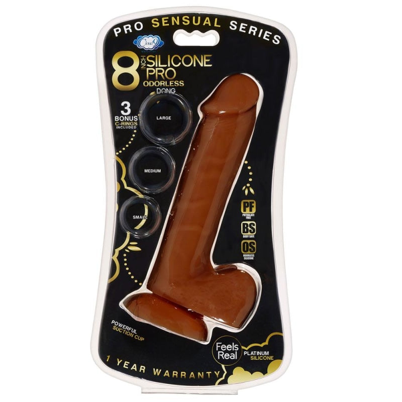 Pro Sensual Premium Silicone 8 Inch Dong With 3 Cockrings - Brown - Dildos & Dongs