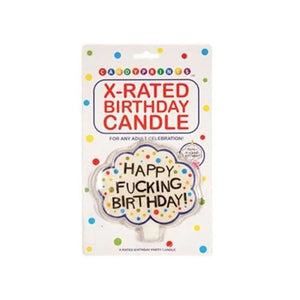 X-rated birthday candle with colorful polka dots and 'Happy Fucking Birthday!' text for adult celebrations